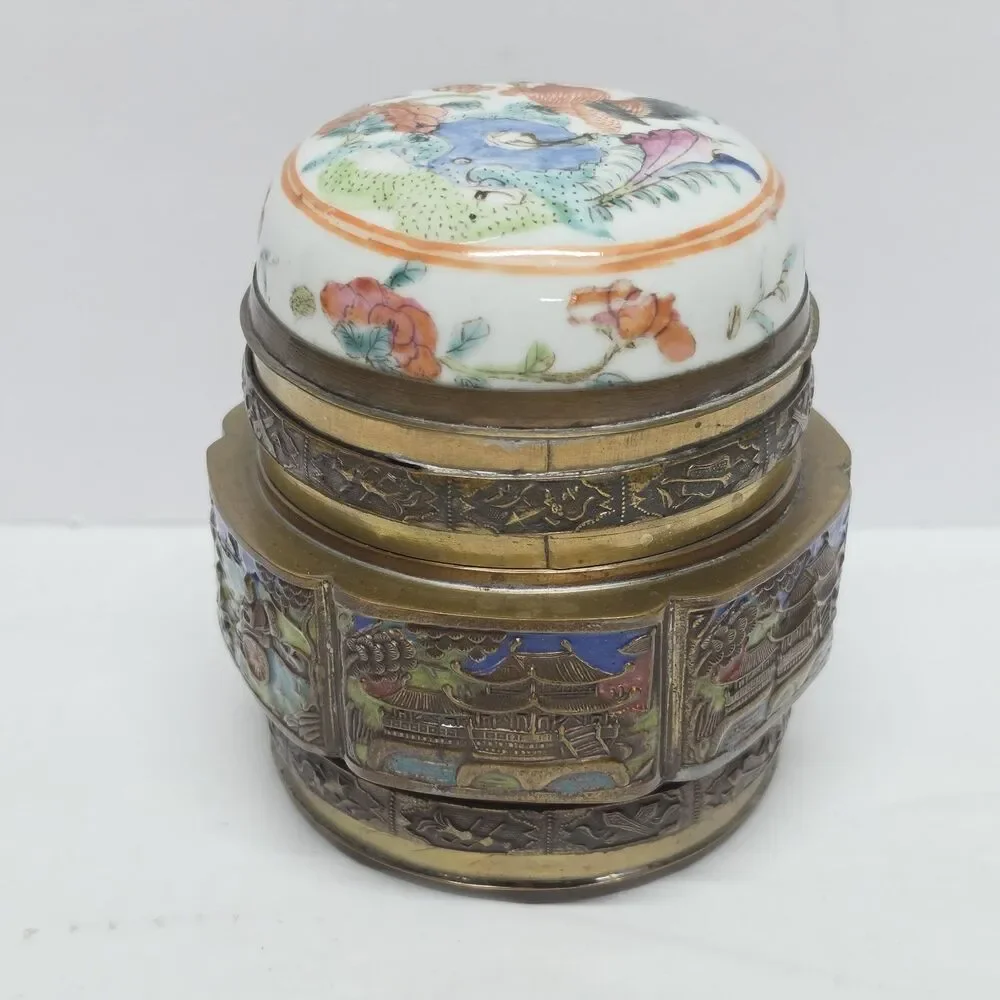 Antique Vintage Chinese Tea Caddy Snuff Trinket Box Brass Enamel Porcelain Lid